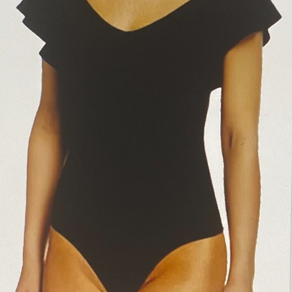 LITTLE BLACK BODYSUIT THONG RUFFLE NECK LG - Picture 2 of 5